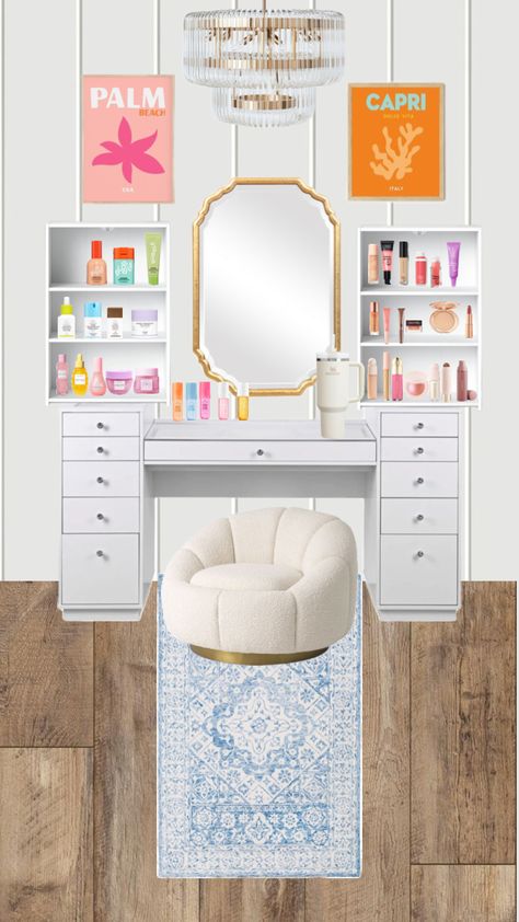 Beachy Vanity Bedroom, Preppy Makeup Vanity, Beach Vanity, Preppy Vanity, Girls Vanity, Preppy Life, Future Bedroom, Vanity Bedroom, Bedroom Redo