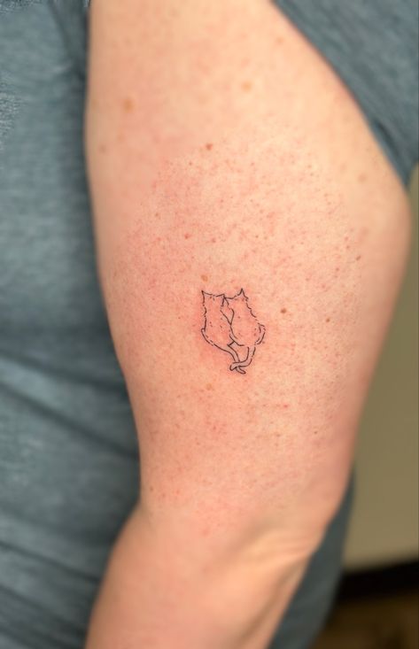 Cat Tattoo Subtle, Cat Tattoo Two Cats, Cat Looking Up Tattoo, Small Dainty Cat Tattoos, Good Thigh Tattoos, Tattoos For My Cat, Cat Micro Tattoo, Cute Simple Cat Tattoos, Cat Themed Tattoo