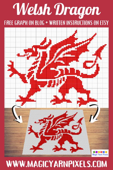 Get the Free Graph for this cute Welsh Dragon Pattern. Modern graphs for c2c crochet, cross stitch & other crafts from Magic Yarn Pixels. Dragon Cross Stitch Patterns Free, Dragon Magic, Crochet Cross Stitch, Knitting Squares, Dragon Cross Stitch, Welsh Dragon, Butterfly Cross Stitch, Pixel Crochet, Crochet Dragon