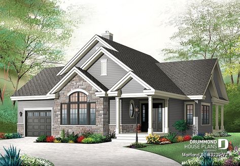 House plan 2 bedrooms, 1 bathrooms, garage, 3235-V2 | Drummond House Plans Plan Chalet, Drummond House Plans, Porch House Plans, Ranch House Plan, Casas Coloniales, Bungalow House Plans, Bedroom Floor Plans, Craftsman Style House Plans, Base Model