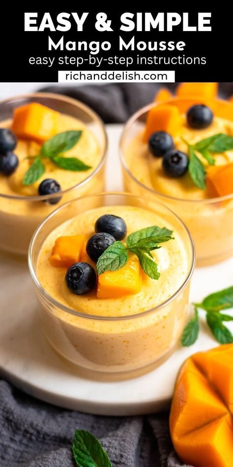 This incredibly delicious mango mousse has a smooth and creamy texture and a sweet and tangy taste of fresh mangoes. Healthy Mango Recipes, Mango Moose, Mango Appetizer, Mango Mousse Recipe, Mascarpone Mousse, Mango Desserts, Dessert Cups Recipes, Mango Dessert Recipes, Mango Mousse