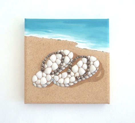 Flipflops on the Beach in Seashell Mosaic 3D Wall Art, Flipflops in the Sand Collage, Beach House Decor, Flipflops Beach Life Art, Flipflops - Etsy Seashell Fish Art, Sea Shell Canvas Art, Seashell Art Painting, Seashell Pictures, 3 Dimensional Art, Seashell Mosaic, Seashell Artwork, Shell Artwork, Beach Themed Crafts