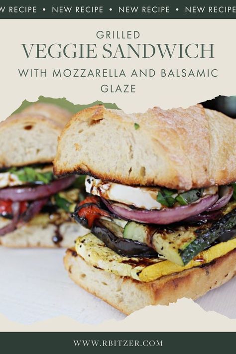 Grilled Veggie Sandwich with Mozzarella and Balsamic Glaze is a warm and hearty sandwich and so delicious you will not even miss the meat! Not to mention with summer around the corner we will soon be able to hit the farmer’s markets and buy some yummy summer veggies! This is a great way to incorporate them in a quick vegetarian meal. #vegetarian #summer #healthy #healthyrecipes Grilled Veggie Sandwich, Vegetable Sandwich Recipes, Veggie Sandwich Recipes, Grilled Vegetable Sandwich, Meal Vegetarian, Vegan Sandwich Recipes, Vegan Sandwiches, Quick Vegetarian Meals, Summer Veggies