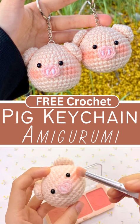 Crochet Pig Keychain Amigurumi Amigurumi Pattern Free, Fluffy Crochet, Pig Crochet, Knitting Patterns Free Dog, Keychain Amigurumi, Pig Keychain, Key Collection, Crochet Keychains, Pig Head