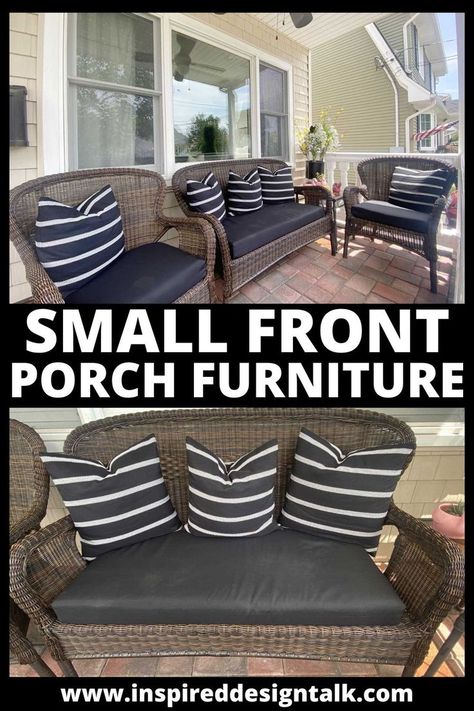 small porch ideas Black And White Front Porch Decor, Small Porch Furniture, Small Porch Furniture Ideas, Manufactured Home Porch Ideas, Porch Furniture Ideas, Small Porch Decorating Ideas, Small Back Porches, Manufactured Home Porch, Small Porch Decorating