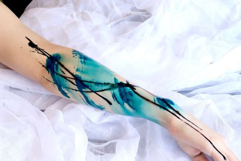 Blue Sleeve Tattoo, Brush Strokes Tattoo, Abstract Watercolor Tattoo, Watercolor Tattoo Sleeve, Blue Ink Tattoos, Clavicle Tattoo, Atlas Tattoo, Cyberpunk Tattoo, Brush Tattoo