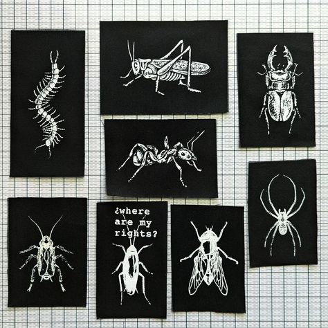 This are screen printed patches for clothing. Nature Accessories, Growth And Decay, Punk Patches, Diy Clothing, Patches Jacket, Diy Clothes, Bugs, Insects, Screen Printing