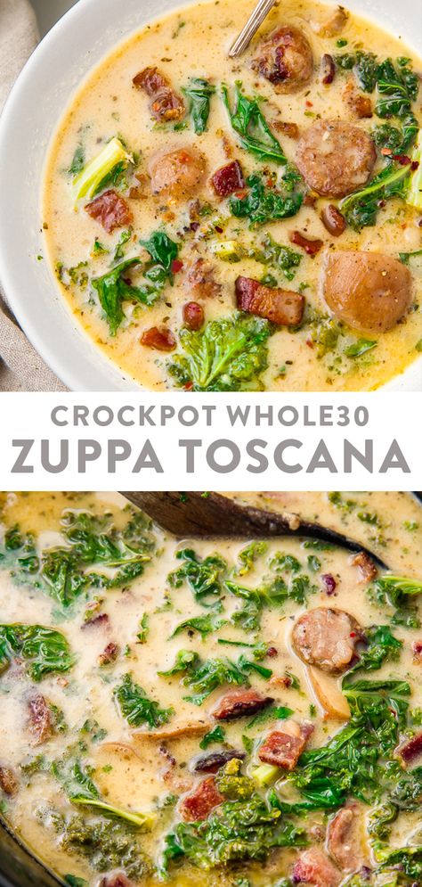 Crockpot Whole 30, Healthy Zuppa Toscana, Crockpot Zuppa Toscana, Whole 30 Crockpot Recipes, Toscana Recipe, Paleo Slow Cooker, Toscana Soup, Recipe Soup, Sausage Potatoes