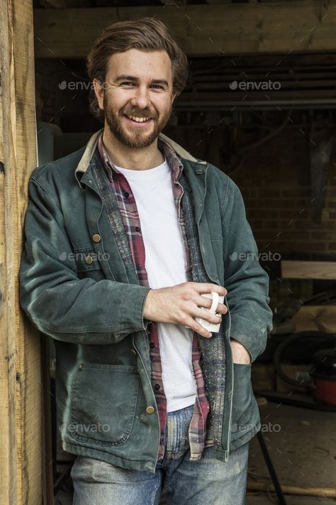 Holding Mug Pose Reference, Standing In Doorway Pose, Someone Holding A Mug Reference, Carpenter Aesthetic Man, Holding Mug Reference, Guy Opening Door, Man Standing In Doorway, Man Leaning Against Door Frame, Cowboy Romance Books