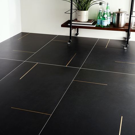 Want some attention on the floor? Love these brass inlays! #interiorfinishes#tilewithinlay#floortile#interiordesign Inlay Flooring, Black Floor Tiles, Matte Porcelain Tile, Black Tile, Brass Inlay, Black And White Tiles, Modern Tiles, Black Tiles, Black Floor