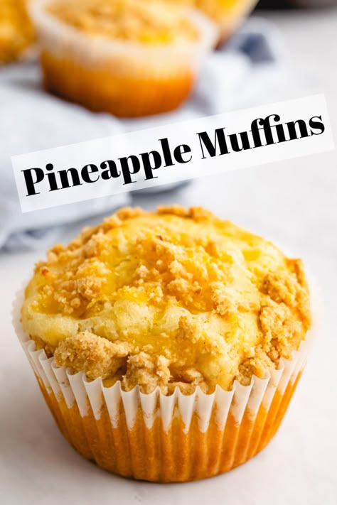 Pineapple Muffins recipe from RecipeGirl.com #pineapple #muffins #recipe #RecipeGirl Hawaiian Pineapple Cake Muffins, Unusual Muffin Recipes, Crushed Pineapple Muffins, Gourmet Muffins, Popover Recipes, Jumbo Muffin Recipes, Jumbo Cookies, Pineapple Muffins, Pineapple Dessert