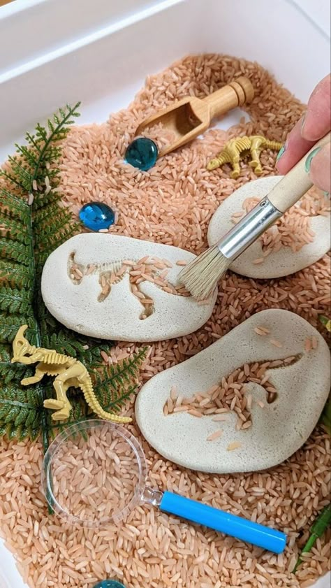 Fossil Sensory Bin, Sensory Play Dinosaurs, Dino Fossil Craft, Dino Sensory Bin, Dinosaur Arts And Crafts, Dinosaur Sensory Activities, Fossil Activity, Sensory Bins For Preschool, Dinosaur Sensory Bin