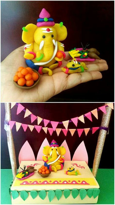 Clay ganesha Ganesh Ji Aarti Thali Decoration, Clay Ganesha For Kids, Arti Thali Decoration, Eco Friendly Ganesha, Diy Kids Crafts, Clay Ganesha, Crafts Clay, Ganesh Chaturthi Decoration, Thali Decoration Ideas