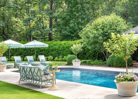 Outdoor living: Backyard Swimming Pools We Love - Garden & Grace Classic Pool Landscaping, French Pool Landscape, Formal Pool Landscaping, English Pool Landscape, European Pool Landscape, English Cottage Pool, Cottage Pool Backyards, Pool With Brick Pavers, Backyard Retreat With Pool