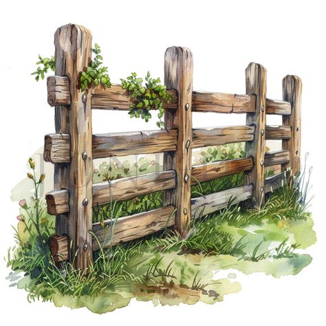 Fence Painting Canvas, Farmhouse Fence Ideas, Paint Fence Ideas Backyards, Old Wood Fence, Fence Clipart, Fence Drawing, Rustic Garden Fence, Fence Painting, Wooden Fences