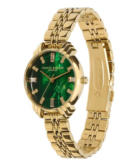 Art Deco 30mm Emerald & Gold Bracelet Watch | Olivia Burton London Green Watches Women, Emerald Watch, Art Deco Aesthetic, The Roaring 20s, Modern Bracelet, Golden Watch, Floral Watches, White Dial Watch, Vintage Watches Women