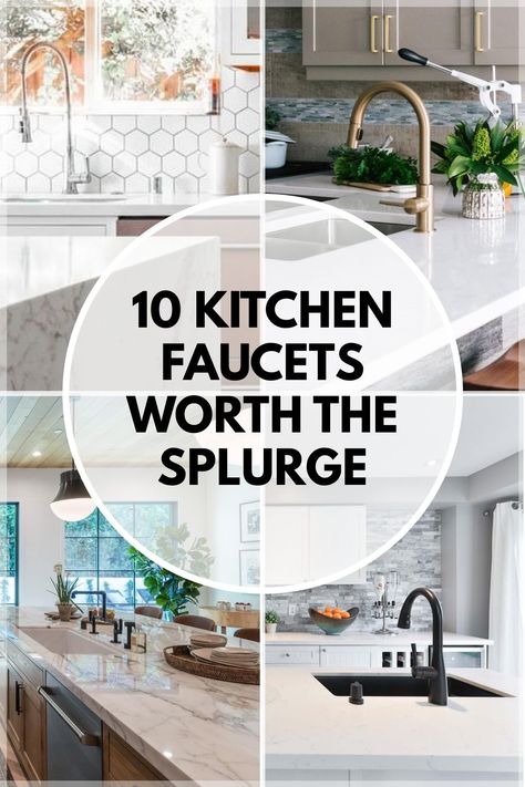 While kitchen faucets might not seem like a big deal, but it can make a huge impact on your space. If you're looking to make a statement with your kitchen, here are 10 faucets worth the splurge. #kitchenfaucets #kitchendesign #kitchendecor #kitchenideas #homedecor #decor Solid Brass Kitchen Faucet, Waterstone Faucet Kitchen, Unique Kitchen Faucets, Types Of Kitchen Faucets, Vintage Kitchen Faucet With Sprayer, Mixed Metal Kitchen Faucet, Best Kitchen Faucets Pull Down, Luxury Kitchen Faucets, Kitchen Sinks And Faucets 2024