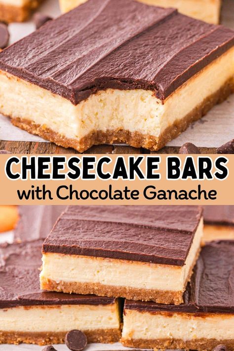 This easy Cheesecake Bars recipe features a crunchy vanilla wafer crust that bakes below a creamy cheesecake filling and is covered with a rich, dark chocolate ganache. Deliciously sweet and satisfying, these dessert bars are the perfect treat to take to parties and potlucks. #cheesecake #cheesecakebars #easydessert Cheesecake Squares Recipes Easy, Cheesecake Squares Recipes, Cheesecake Bars Recipes, Easy Cheesecake Bars, Cheesecake Bars Recipes Easy, No Bake Cheesecake Bars, Princess Recipes, Church Desserts, Adorable Desserts