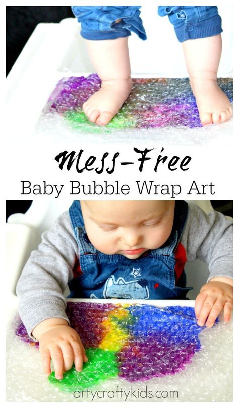 Fabulous sensory art project for kids with bubble wrap. Ideal for baby sensory and mess-free painting! #funwithbabies #easybabyactivities #activitiesforbabies #playwithbabies Baby Art Activities, Bubble Wrap Art, Mess Free Painting, Infant Classroom, Aktiviti Kanak-kanak, Baby Sensory Play, Baby Art Projects, Baby Play Activities, Sensory Art