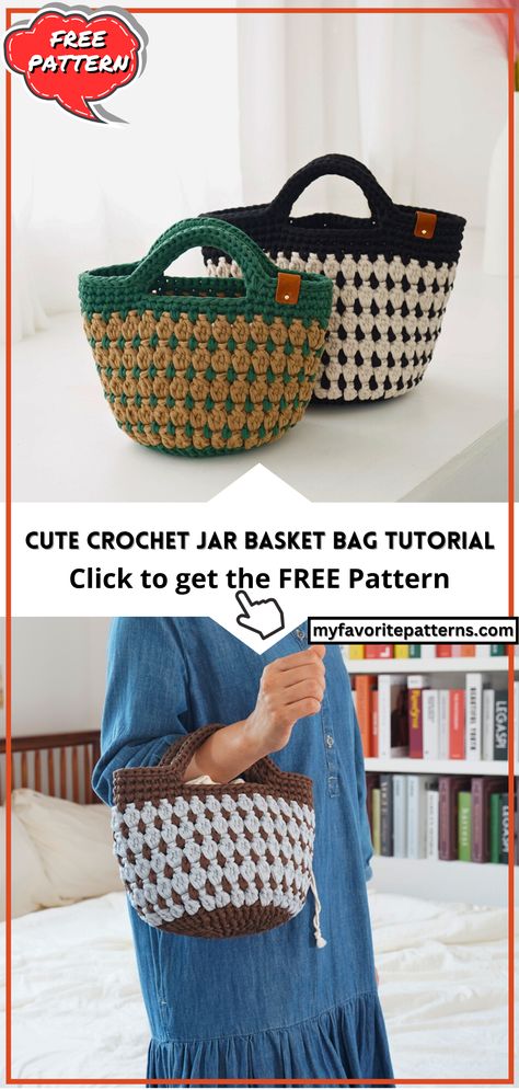 Cute Crochet Jar Basket Bag Tutorial Sturdy Crochet Basket, Crochet Bucket Bag Pattern Free, Crochet Bucket Bag Pattern, Crochet Basket Bag, Crochet Bucket Bag, Bucket Bag Pattern, Contrast Pattern, Handmade Crochet Bags, Simple Tote