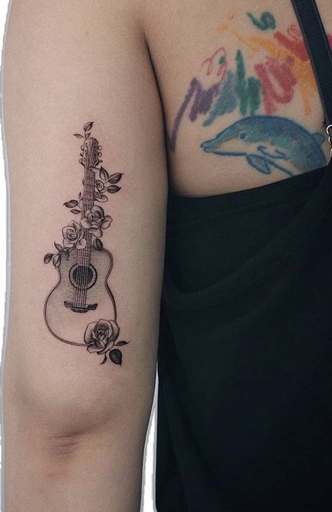 Pretty Guitar Tattoo, Guitar Butterfly Tattoo, Acoustic Guitar With Flowers Tattoo, Guitar With Roses Tattoo, Guitar And Piano Tattoo, Feminine Guitar Tattoo, Rose And Guitar Tattoo, Guitar Rose Tattoo, Ukulele Tattoo Ideas