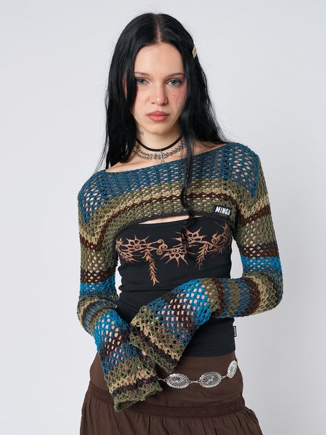 Oceana Stripes Knitted Shrug - Minga London Crop Shrug, Knitted Shrug, Y2k Bohemian, Minga London, Cropped Shrug, Knit Shrug, Flare Long Sleeve, Brown And Green, Knit Tie