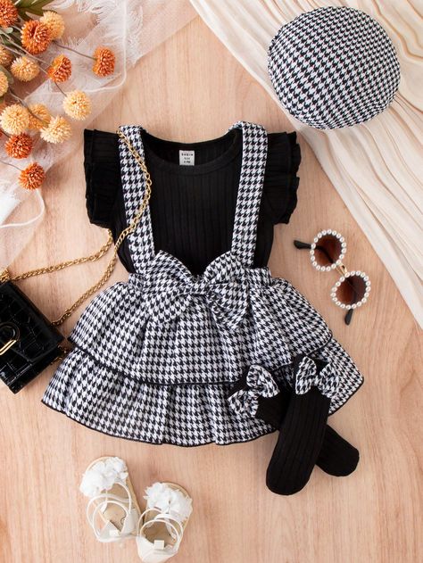 Black  Collar   Colorblock,Gingham,Plaid  Embellished Slight Stretch Summer Baby Girls Clothing Dress With Suspenders, Baby Summer Dresses, Pretty Quinceanera Dresses, Kids Fashion Clothes, Princess Outfits, Girls Sweet, Gingham Dress