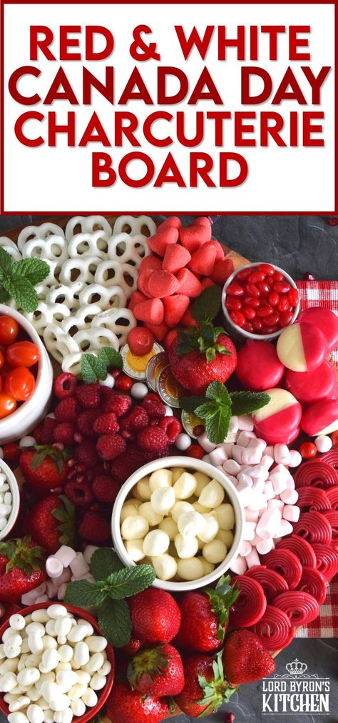 Gather together a bunch of red and white snack foods to assemble this super easy Canada Day Charcuterie Board! Your friends and family will love filling up on these festive snacks. Set the board down right into the middle of your patio table, and let everyone help themselves! All you need is a bunch of napkins and lots of ice cold drinks! Happy Canada Day! #canadaday #canada #charcuterie #redandwhite #festive #snacks Canada Day Appetizers Ideas, Red Themed Charcuterie Board, Red Board Night Food, Red Food Party, Brunch Boards, Citizenship Party, Festive Snacks, Red Snacks, Canadian Citizenship