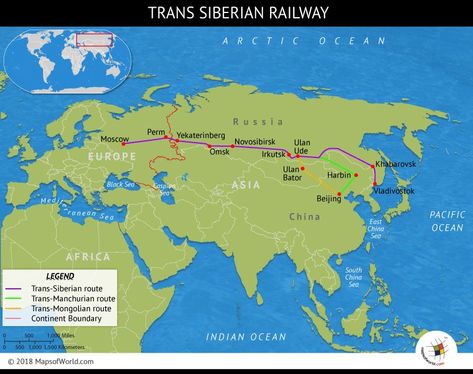 The longest railway route in the world, featuring a run of 5,772 miles, the Trans-Siberian railway is a network of railways connecting Moscow to the Russian Far East. With linking branch lines into Mongolia, China and North Korea, is it one of the most spectacular achievement of a period. The Russian rail network expanded from 1,000 miles in 1860 to 45,000 miles by 1917, and is still enlarging. Read on to know more about Trans-Siberian Railway. Russia Map, Visit Russia, Trans Siberian Railway, Geography Map, Atlas Map, Express Train, Arctic Ocean, Love Wins, Orient Express