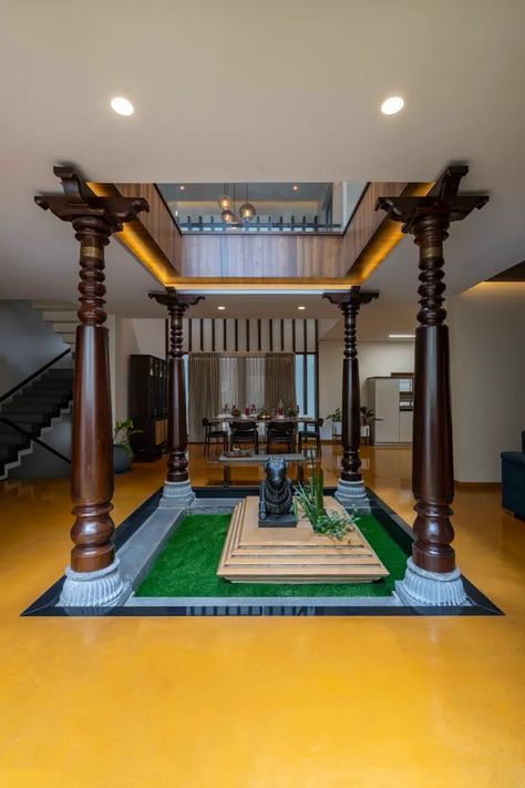 Interior Pillars, Chettinad House, Indoor Courtyard, Modern Courtyard, Wooden Pillars, Indian Home Design, Courtyard Design, Kerala House Design, Kerala Houses