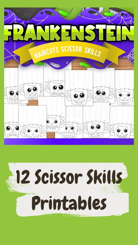 Frankenstein Preschool Activities, Halloween Scissor Practice Free, October Occupational Therapy Activities, Fine Motor Scissor Activities, Halloween Prewriting Activity, Frankenstein Haircut, Preschool Scissor Activities, Cutting Practice Kindergarten, Halloween Fine Motor