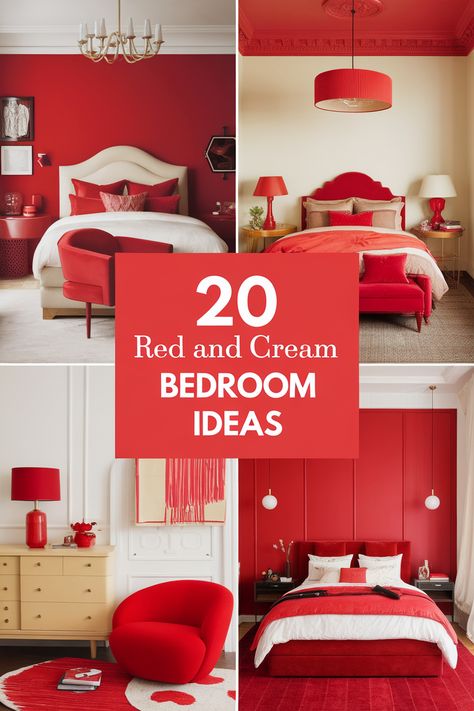 Red and cream bedroom decor is a timeless classic, blending warmth and sophistication.  From bold accent walls to delicate floral patterns, this color palette creates a luxurious retreat. Discover 20 inspiring red and cream bedroom ideas to transform your space! Red Wall Painting Ideas Bedroom, Red Bedroom Ideas For Women, Red Paint Bedroom, Red Comforter Bedroom Ideas, Red And Pink Bedroom, Red Bedroom Colors, Cream Bedroom Decor, Cream Colored Bed, Red Nightstand