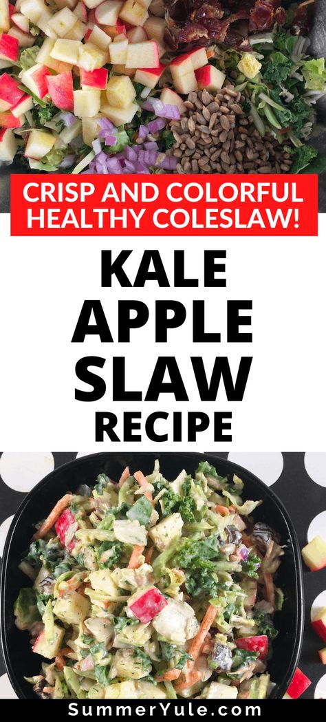 Learn how to make kale apple slaw! My healthy kale slaw with apples is a twist on the kale and apple slaw at Tropical Smoothie Café. You’ll love how easy this kale coleslaw is to make. This recipe is a great way to use Mann’s Power Blend, a mix of shredded veggies that need no preparation. Forget plain, soggy cabbage coleslaw – this apple kale slaw is filled with a variety of colors and flavors! #glutenfree #sidedish #healthy #potluck #highcalorie #vegetarian Kale Apple Slaw Recipe Tropical Smoothie, Kale Coleslaw Slaw Recipes, Tropical Smoothie Kale Apple Slaw Recipe, Kale And Apple Slaw Recipe, Kale Coleslaw, Kale Slaw Recipe, Slaw With Apples, Healthy Broccoli Slaw, Cabbage Coleslaw