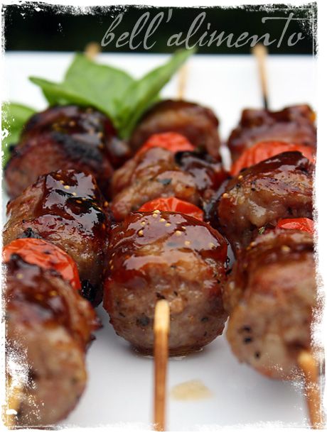 Sausage Kabobs Glazed with Balsamic..  Serving Size: 8 What You Will Need: 1 - 19.76 ounce package of Johnsonville Sweet Italian Sausages 16 cherry tomatoes 1 bundle of fresh basil leaves 6 tablespoons fig preserves 2 tablespoons balsamic vinegar canola/vegetable - enough to lightly brush basil leaves Sausage Kebabs, Sausage Kabobs, Fig Preserves, Fruit Kebabs, Doner Kebab, Sweet Italian Sausage, Snacks Für Party, Kebabs, It Goes On