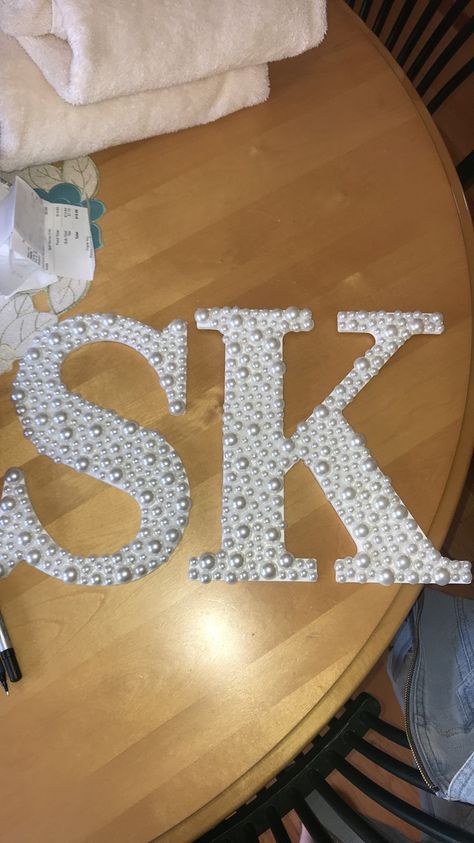 Sigma Kappa pearl letters Letters For Room Decor, Little Gifts Sorority Baskets, Sorority Letter Painting Ideas, Pearl Sorority Paddle, Gifts For Your Big Sorority, Painting Sorority Letters, Axid Letters Painted, Pearl Sorority Letters, Pearl Letters Diy