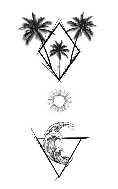 California Tattoo Ideas Men, Miami Inspired Tattoos, Wanderlust Tattoo Men, Anime Brutal, Vacation Tattoo Ideas, Surf Tattoos, Beachy Tattoos, Surf Tattoo, Island Tattoo