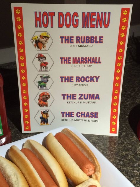 Paw patrol inspired hot dog menu Paw Patrol Party Decorations, 4de Verjaardag, Paw Patrol Birthday Theme, Paw Party, Birthday Party Games For Kids, Paw Patrol Birthday Party, Patrol Party, Paw Patrol Party, Carton Invitation