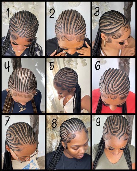 Cornroll Styles Black Women, 10 Braids Hairstyles Black, Pattern Cornrows Black Women, Fulani Braids With Knotless Braids In The Back, Braids Braided To The Back, Row Back Braids Black, Row Back Hairstyles For Black Women, Corn Rows With Design, Alicia Keys Braids 2023