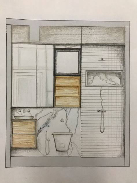 Hand rendered bathroom elevation Elevation Rendering Hand, Bathroom Rendering Design, Rendered Elevation Interior, Elevation Drawing Interior, Bathroom Elevation Drawing, Bedroom Elevation Drawing, Interior Elevation Drawing, Rendered Bathroom, Bathroom Elevation