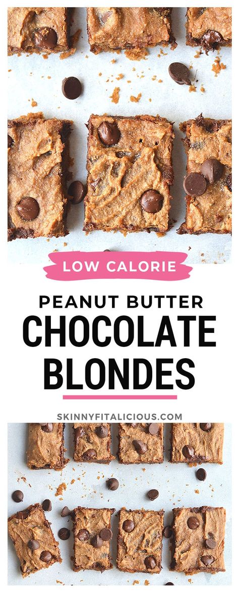 Healthy Peanut Butter Chocolate Blondes {Vegan, Low Cal, GF} - Skinny Fitalicious® Low Calorie Peanut Butter, Low Calorie Chocolate, Low Cal Dessert, Chocolate Peanut Butter Desserts, Healthy Chocolate Recipes, Brownie Recipes Healthy, Easy Chocolate Desserts, Dairy Free Chocolate Chips, Paleo Recipes Dessert