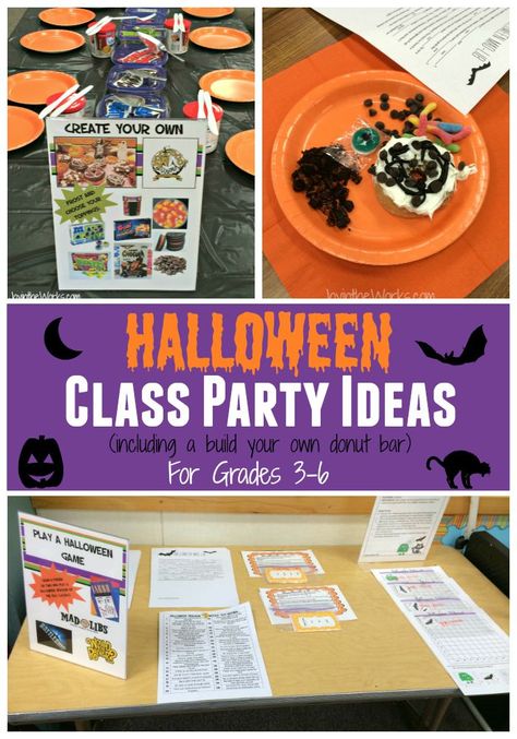 Searching for ideas for a Halloween Class Party for your older elementary students? Check out these activities including a decorate your own donut bar! Great for 3rd, 4th, 5th and 6th grade! Class Halloween Party Ideas, Halloween Class Party Ideas, Third Grade Halloween, Class Party Ideas, School Party Games, Halloween Classroom Activities, Classroom Party Games, Classroom Halloween Party, Halloween Class Party