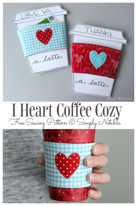 DIY Valentine Heart Coffee Cozy Free Sewing Pattern | Fabric Art DIY Sew Coffee Cozy, Sewing Teacher Gifts Ideas, Sewing Teacher Gifts, Christmas Gifts Diy Homemade, Valentines Bricolage, Coffee Cozies, Valentine Coffee, Cup Cozies, Heart Coffee