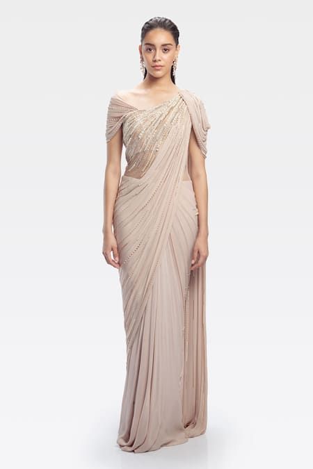 Buy Gaurav Gupta Beige Silk Georgette Pre-draped Embroidered Saree Gown Online | Aza Fashions Drape Saree Gowns, Gaurav Gupta Gowns, Pearl Saree, Gown With Pearls, Draped Saree Gown, Saree Gowns, Gaurav Gupta, Georgette Skirt, Draped Saree