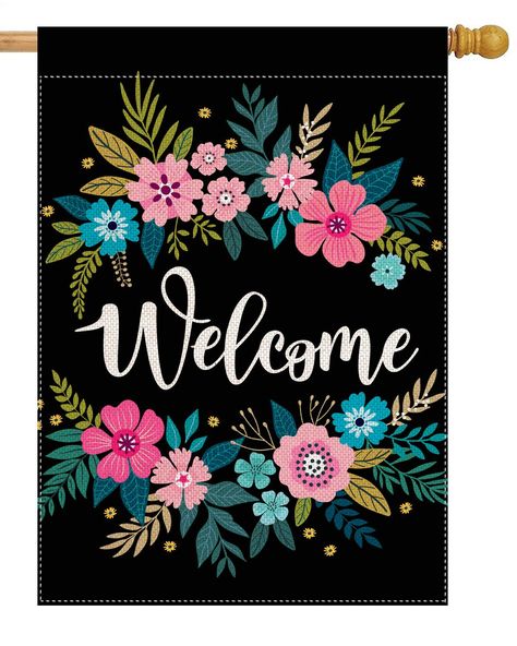 PRICES MAY VARY. FLAG SIZE: This pingpi "Welcome Floral Wreath" House Flag is the Large size (28" x 40"). OCCASSION: pingpi burlap garden flags perfect for any deck, patio, porch or veranda and make charming decorative statements for any backyard, lawn or garden. Beautiful design--colorful, vibrant, bright designs from creative, original artwork. Artistic flags hang beautifully from a sewn-in sleeve and it's easy to switch out our seasonal flag. DOUBLE SIDED: Pattern available in both sides. Gar Liquid Chalk Art, Flag Hanging, Burlap Garden Flags, Chalkboard Decor, All Flags, Welcome Friends, Flag Sizes, House Flag, Chalkboard Art