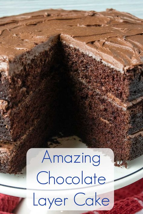 This gorgeous chocolate layer cake has three layers and is made from scratch, so you will enjoy every decadent bite. Three Layer Chocolate Cake, Triple Layer Chocolate Cake, Chocolate Layer Cake Recipe, Layer Chocolate Cake, Eggless Chocolate Cake, Triple Chocolate Cake, Amazing Chocolate Cake Recipe, Dairy Free Cake, Eggless Cake Recipe