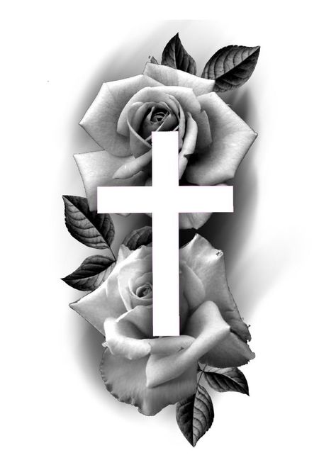 Rose Cross Tattoo Design, Cross And Rose Tattoo, Cross With Roses, Realistic Rose Tattoo, Rose Flower Tattoos, Rose Drawing Tattoo, Rose Tattoo Sleeve, Half Sleeve Tattoos Drawings, Cross Tattoo For Men