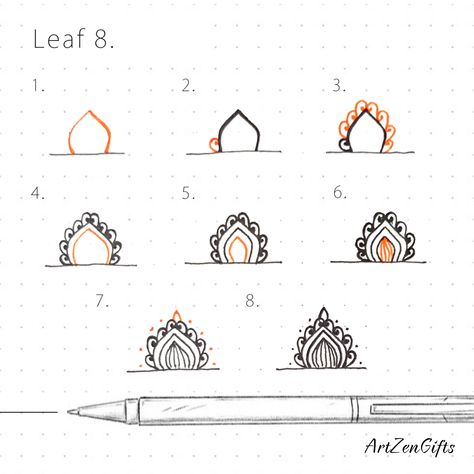 Tutorial of drawing mandala leaf. Step-by-step guide how to draw this element. How To Draw Mandalas Step By Step, Step By Step Mandala Drawing, How To Draw Mandala For Beginners, Mandala Tutorial Step By Step, Mandala Step By Step, Mandala Leaf, Element Drawing, Simple Mandala Design, Mandala Elements