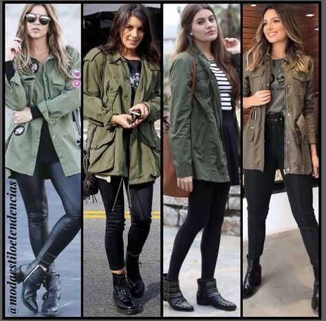 Parka Verde Militarusada com Legging pretaLooks descontraídos Outfit Militar, Army Green Jacket Outfit, Olive Jacket Outfit, Anorak Jacket Outfit, Green Jacket Outfit, Parka Outfit, Outfit Botas, Beauty Boost, Power Of Makeup