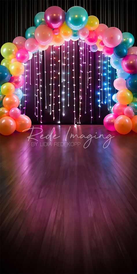 Neon Birthday Theme Ideas, 90s Party Balloon Arch, 70s And 80s Birthday Party, Candy Land Theme Backdrop, Neon Party Table Centerpieces, Elegant 80s Party, Dance Floor Birthday Party, Neon 13 Birthday Party, Decades Backdrop