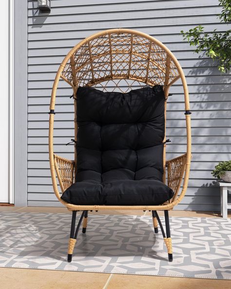 PRICES MAY VARY. Fashionable & Oversized Chair: With a wicker egg shape, oversized designed basket, hollowed structure,wide armrest as well as padded with soft thick cushion, you will feel relaxed and free when the sun shines through the rattan gently touches your skin. Durable & Rust-free Frame: Completely constructed of powder coated steel frame, this wicker lounge chair ensures its durability and rust proof. Also, the stable legs provides sturdy support with max weight capacity of 265 lbs. Up Unique Patio Furniture, Wicker Egg Chair, Deck Balcony, Wicker Lounge Chair, Balcony Chairs, Garden Deck, Chair Metal, Bedroom Garden, Rattan Furniture Set